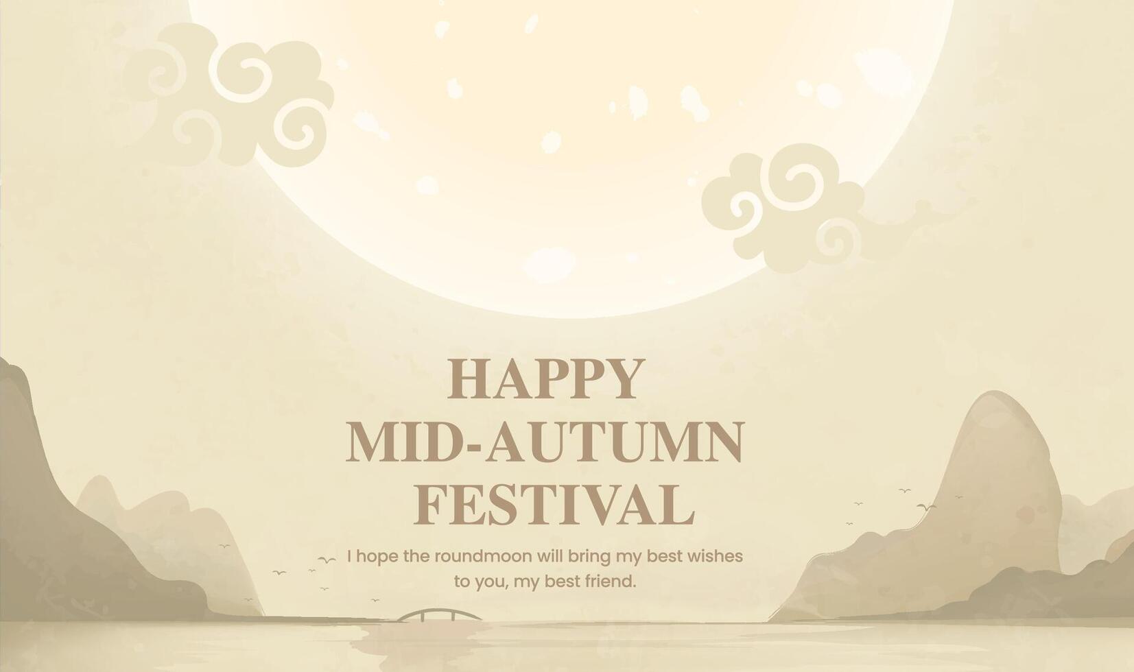 Hand painted Mid-Autumn horizontal illustration moire and moon background is landscape painting vector