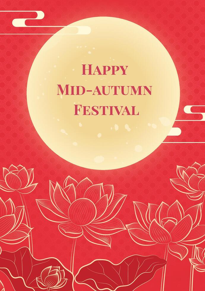 Hand painted Mid-Autumn Festival vertical illustration of lotus and moon on a red background vector