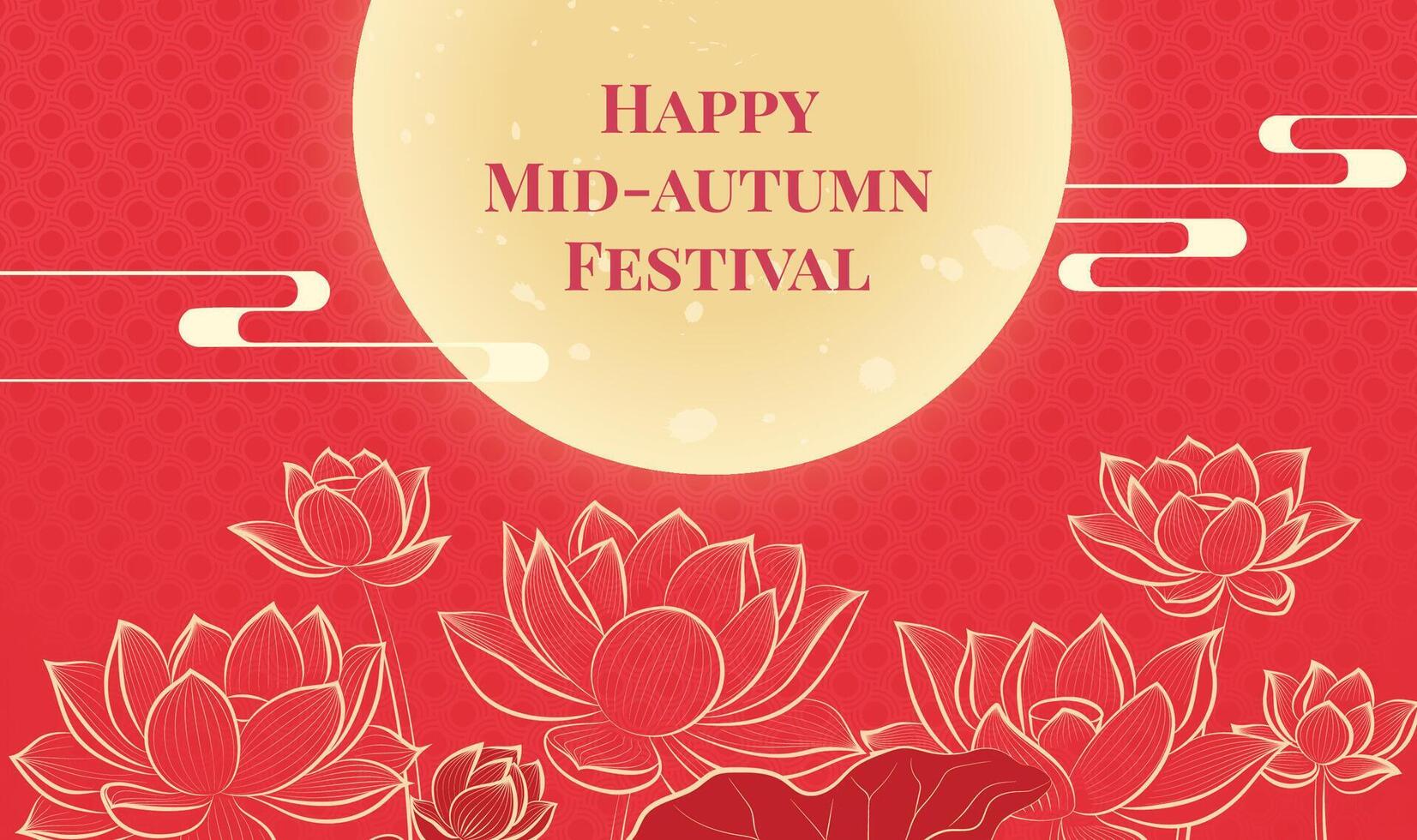 Hand painted Mid-Autumn Festival horizontal illustration of lotus and moon on a red background vector