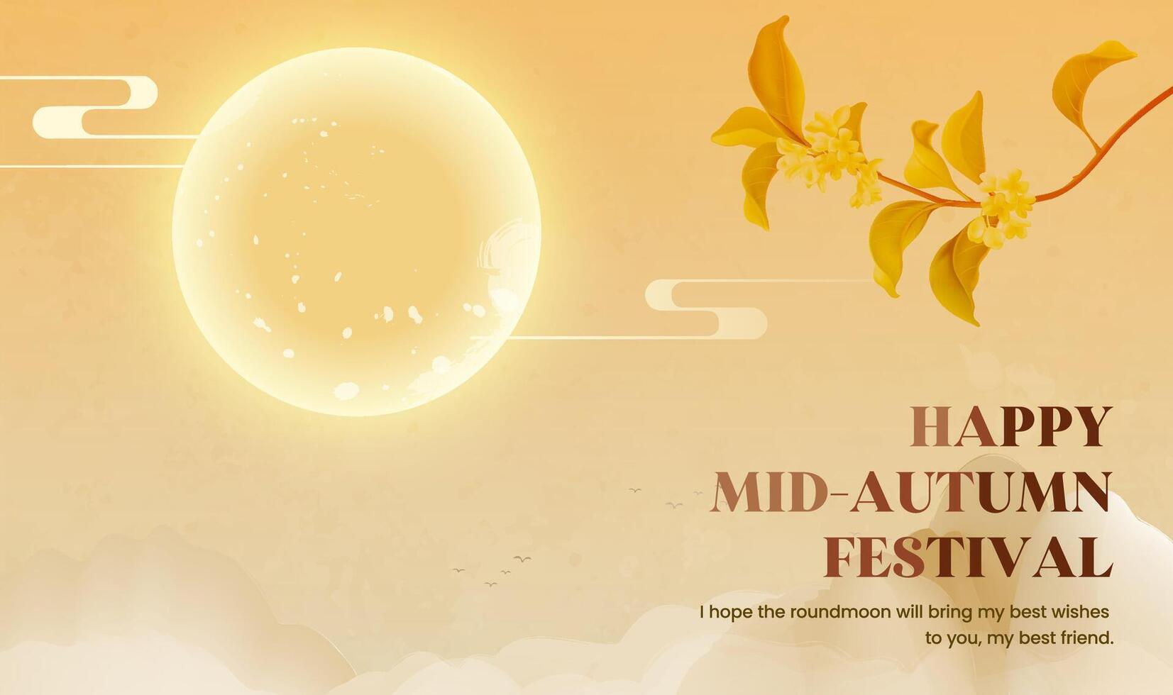 Hand painted Mid-Autumn Festival ink style horizontal plate illustration osmanthus and moon vector