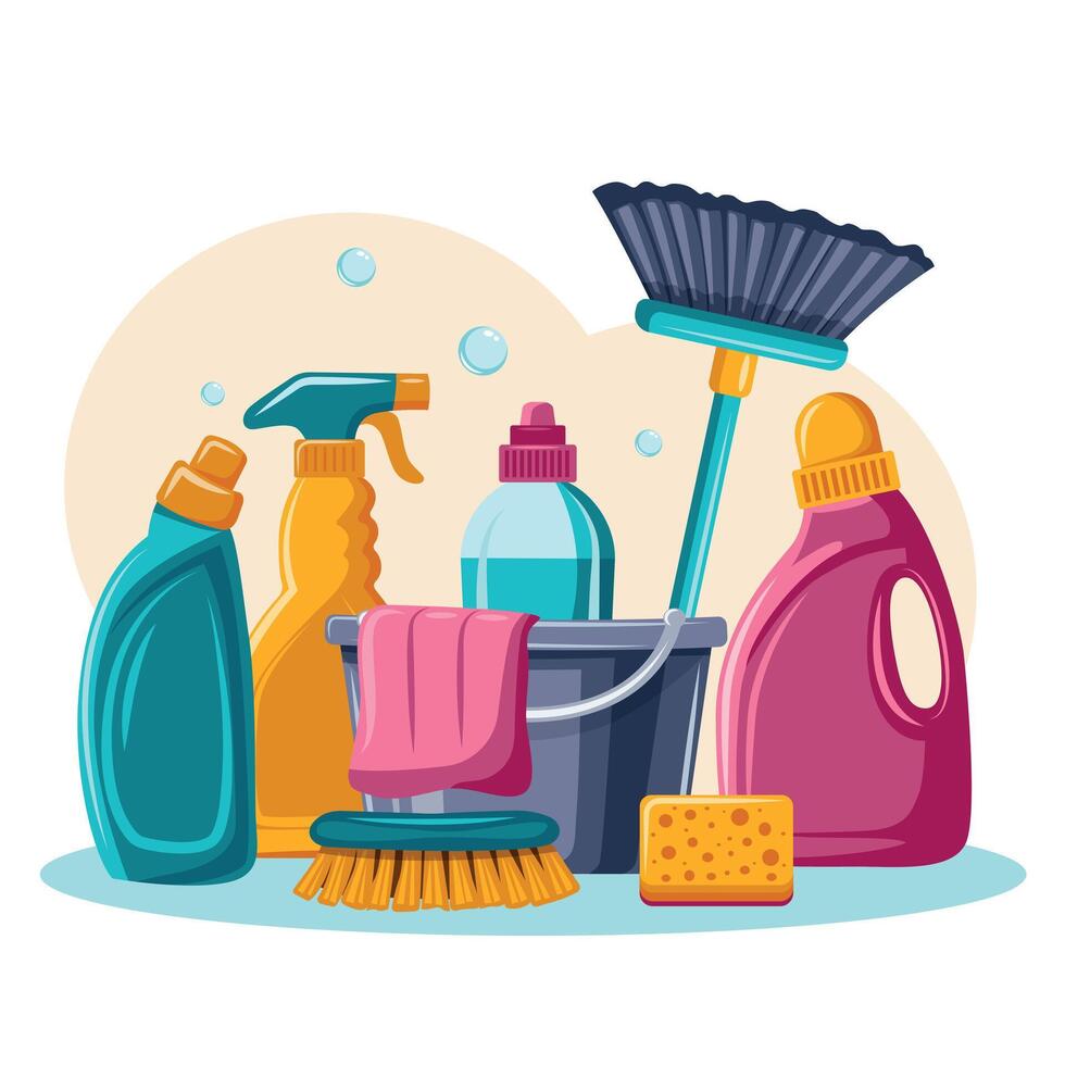 A colorful assortment of cleaning supplies including a bucket, brush and cleaning solution bottles. Organization and cleanliness concept vector
