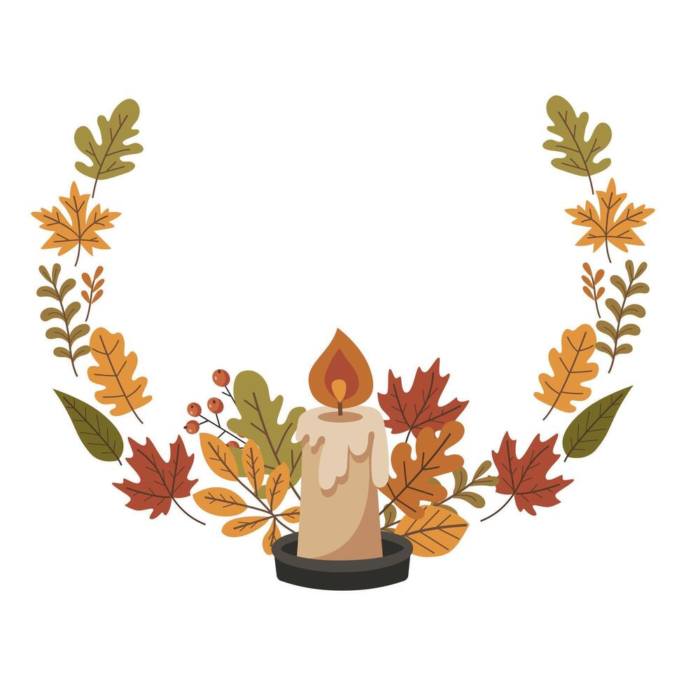 A candle is lit in a wreath of autumn leaves vector