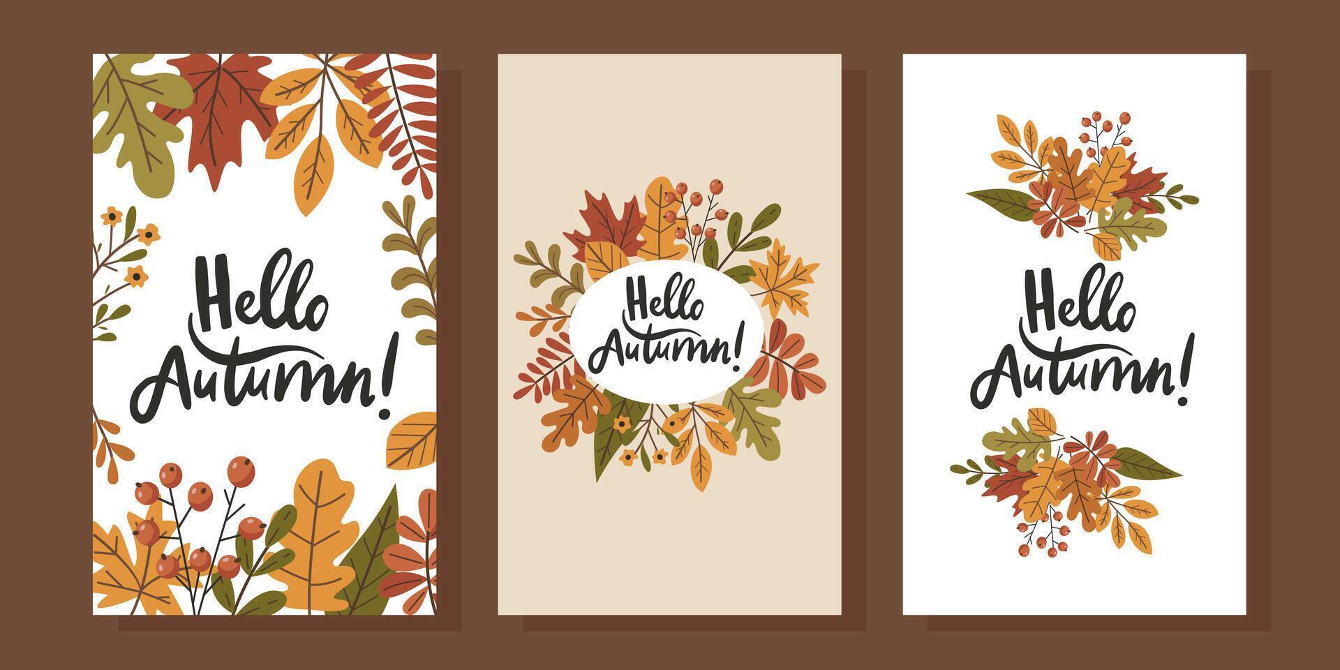 Three colorful cards with autumn leaves and flowers and the words hello autumn written on them. The cards are arranged in a row and have a cheerful, warm, and inviting mood vector