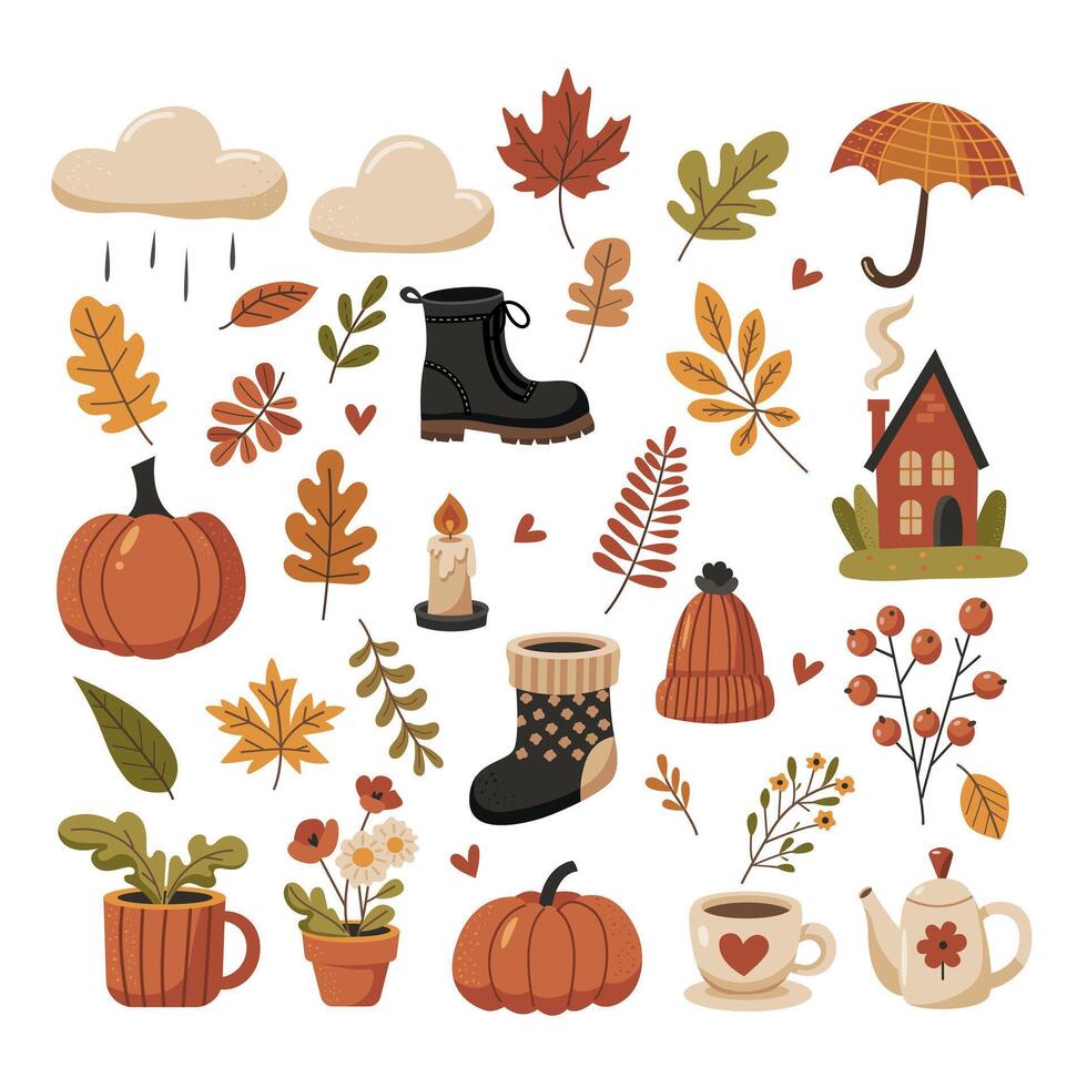 A collection of fall-themed images, including pumpkins, leaves, and a house. Scene is warm and cozy, with the use of autumn colors and the presence of a cup of coffee vector