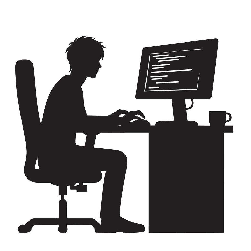 silhouette programmer work on their computer in office vector