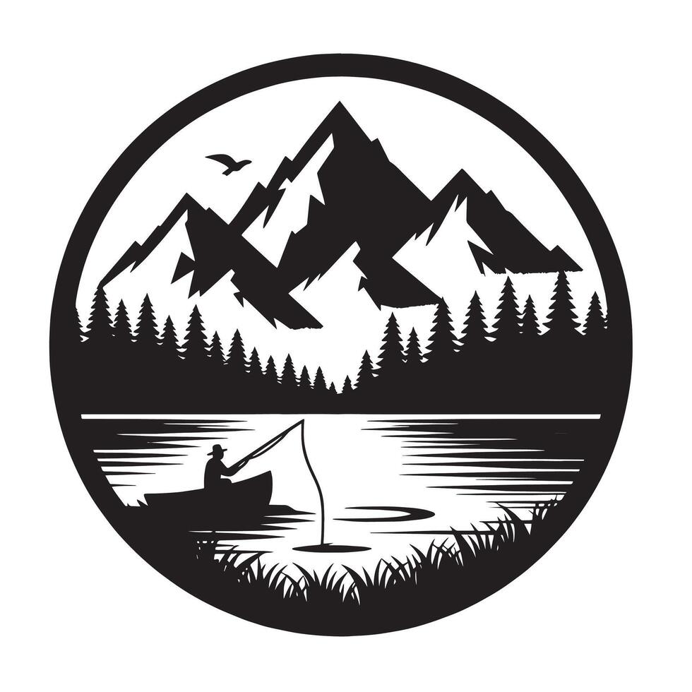 silhouette fisherman fishing on the lake with background mountain vector