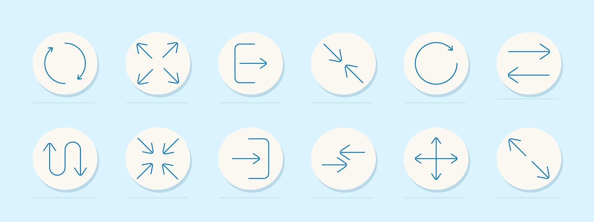 Arrow direction set icon. Circular, expand, exit, inward, rotate, transfer, reverse, shrink, outward, horizontal, vertical, diagonal, movement, navigation, pointer, control. vector