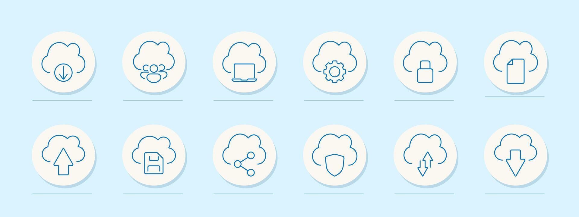 Cloud computing set icon. Upload, download, sharing, laptop, settings, security, folder, synchronization, network, cloud storage, data, backup, online, access, server, technology, internet vector