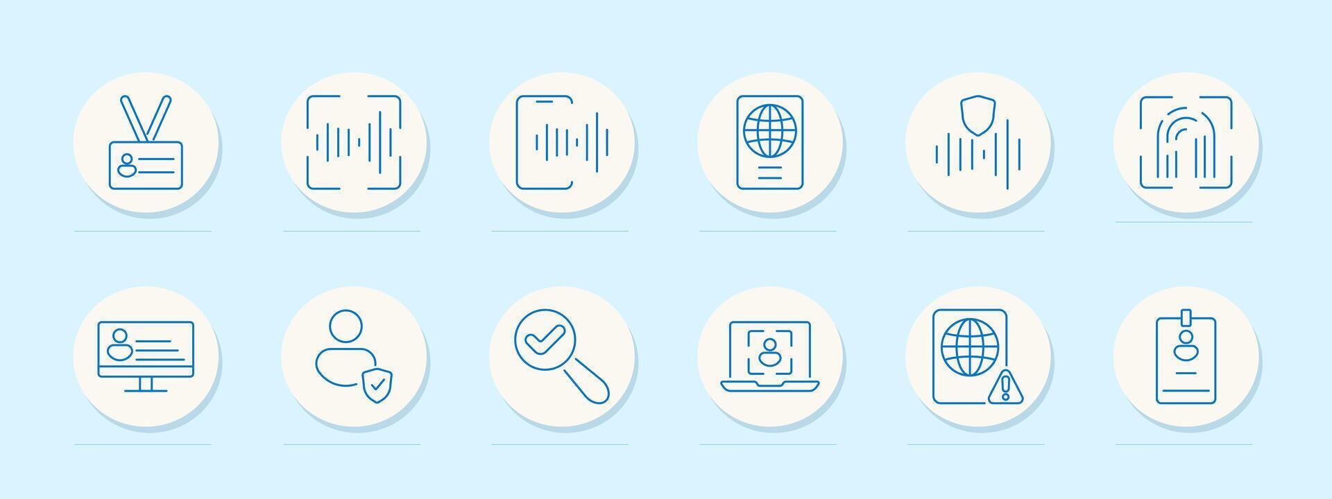 Security identification set icon. ID card, fingerprint, QR code, passport, shield, magnifying glass, verification, laptop, badge, global, security, scan, access, authentication, online vector