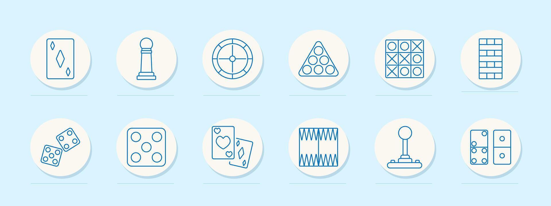 Game piece set icon. Card, pawn, dartboard, billiard, tic-tac-toe, jenga, dice, tokens, backgammon, joystick, domino, play, entertainment, strategy, competition, fun vector