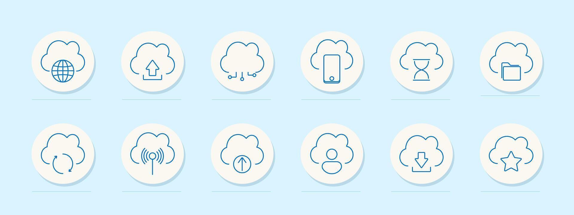 Cloud services set icon. Internet, upload, circuit, smartphone, hourglass, folder, sync, network, signal, user, download, favorite, technology, storage, connection, online, communication, computing vector