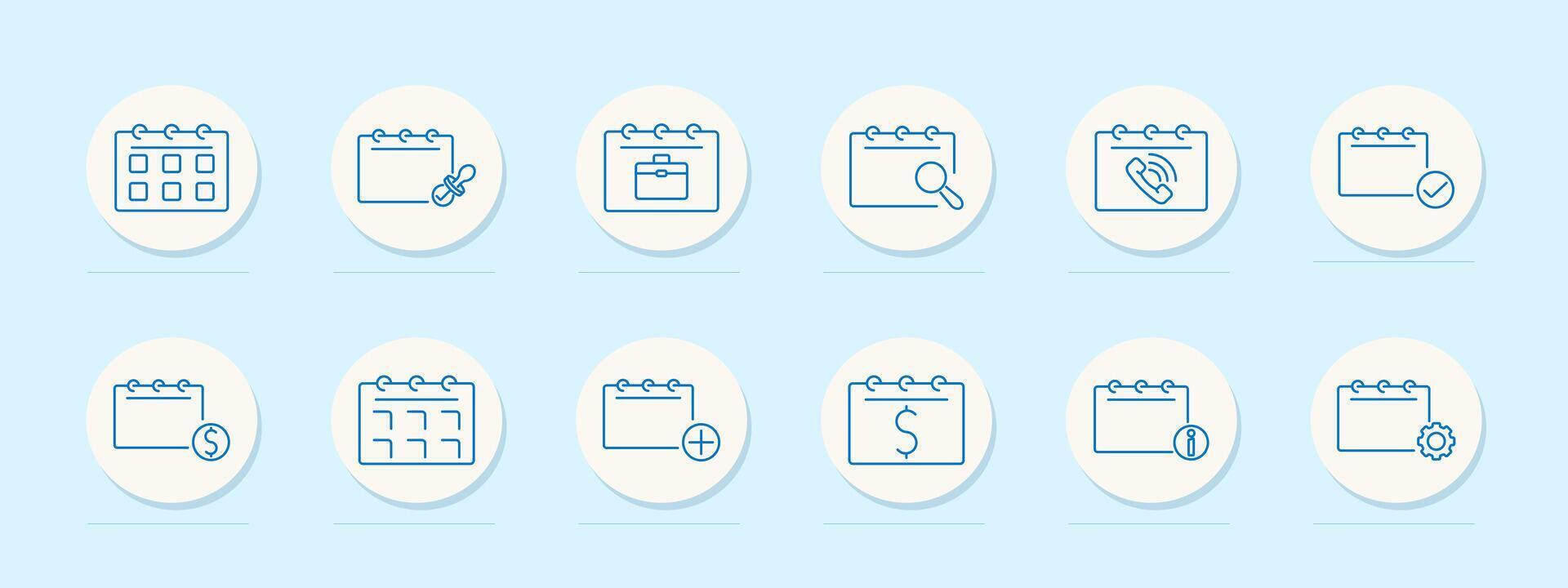 Calendar event set icon. Schedule, appointment, reminder, business, search, call, check, currency, add, settings, information, plan, manage, date, event, task, organization vector