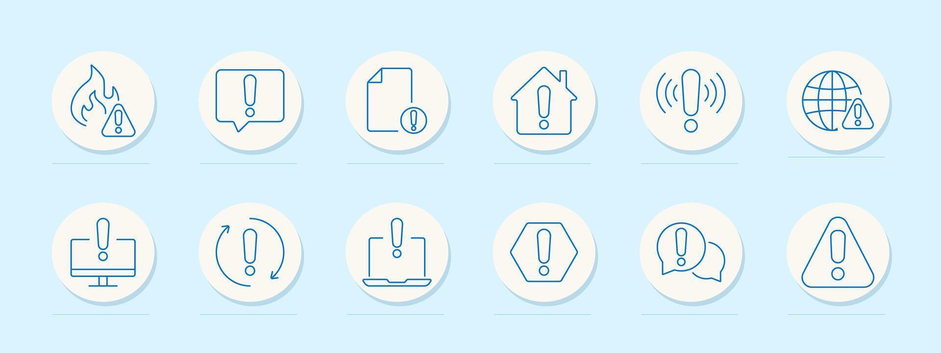 Warning and alert icon set. Caution, error, danger, notification, and safety symbols for security, attention, and risk management themes vector