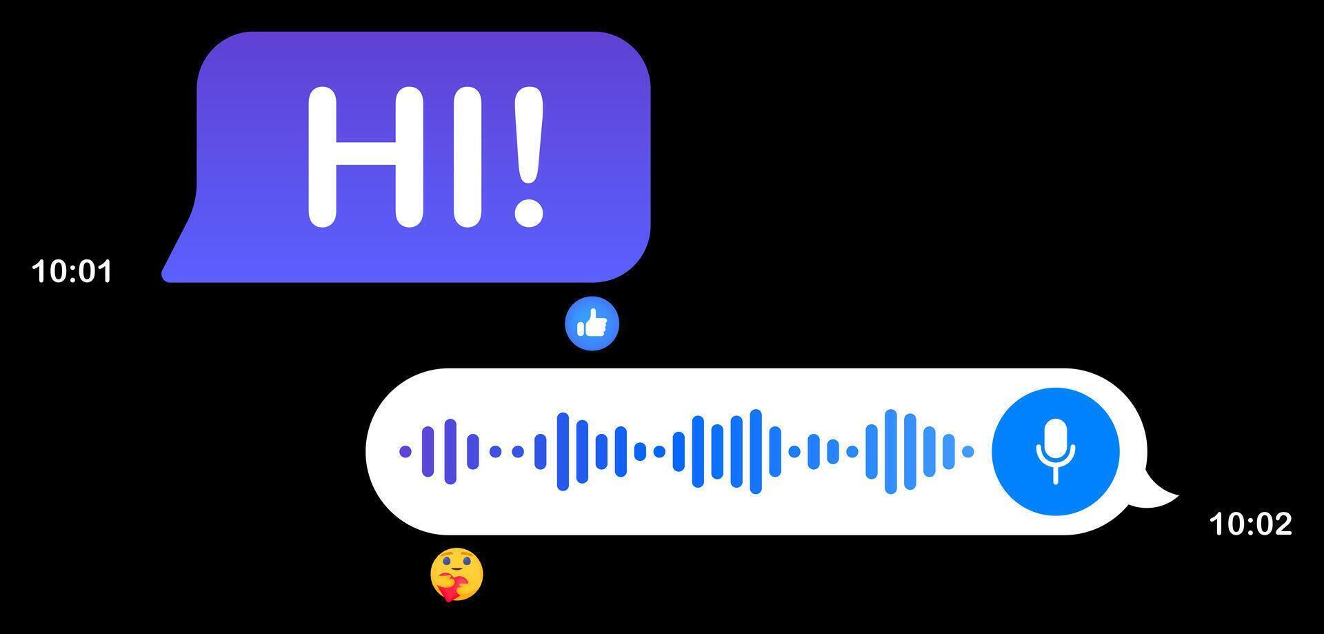 Messages in messenger. Blue speech bubble, black background, texting, Hi, Place your content, voice mail, send, delivered, read, communication, online, sending time, reactions, microphone, record vector