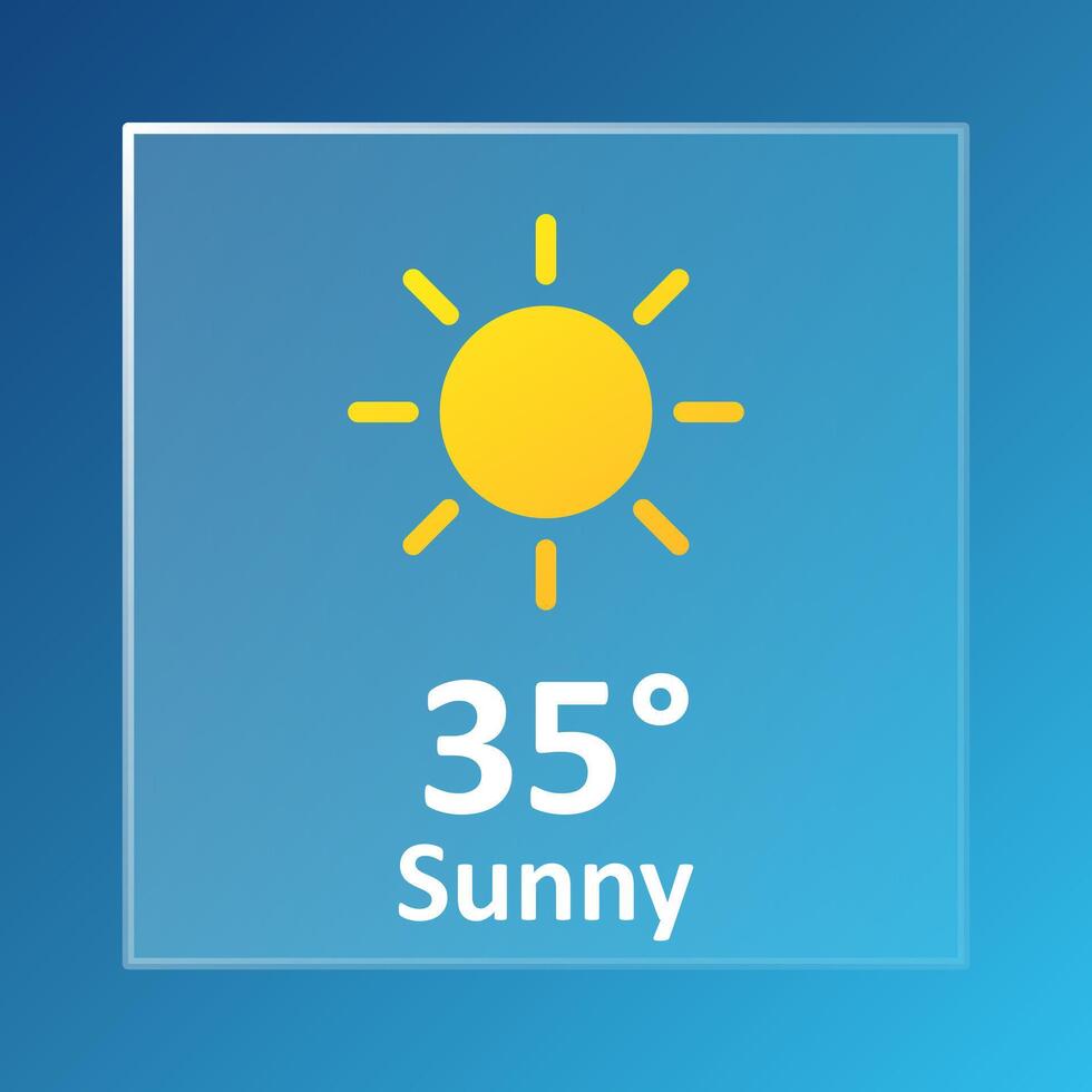Sunny 35 Degrees Celsius weather forecast. Summer, hot, warm, air, heat, drought, precipitation, temperature, atmospheric pressure, Fahrenheit, conditions, high UV index, synoptic. Glassmorphism vector