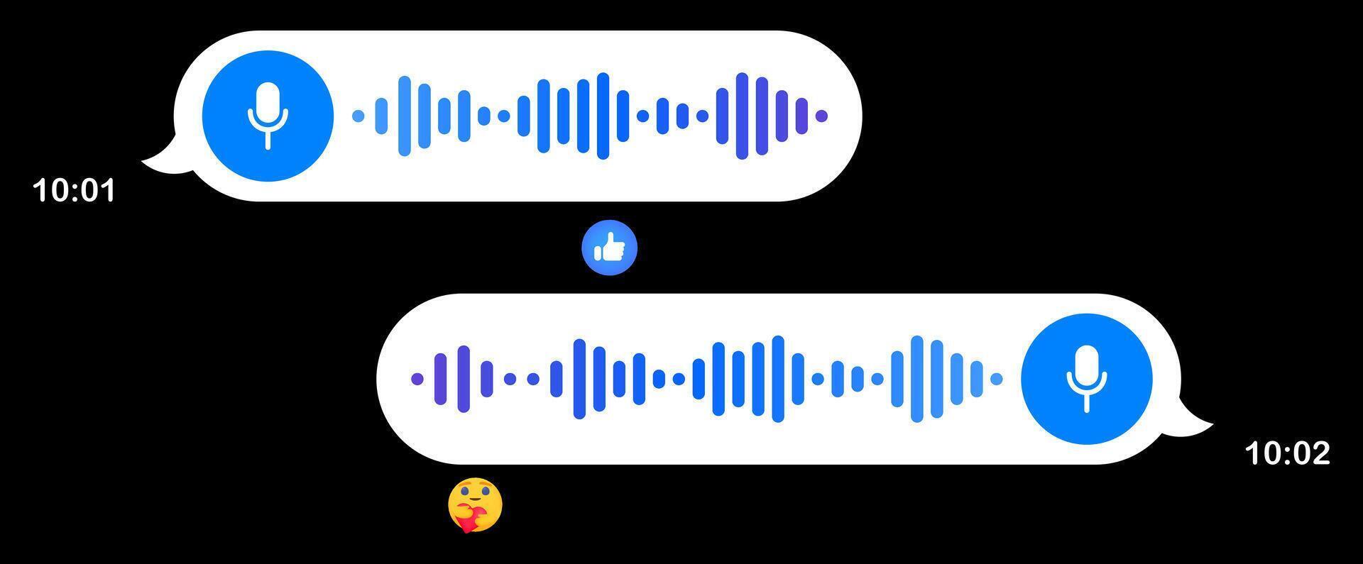 Voice messages. Speech bubbles, black background, texting, Hi, place your content, play button, playback speed, mail, delivered read online, sending time, reactions, emoticon, like, microphone, record vector