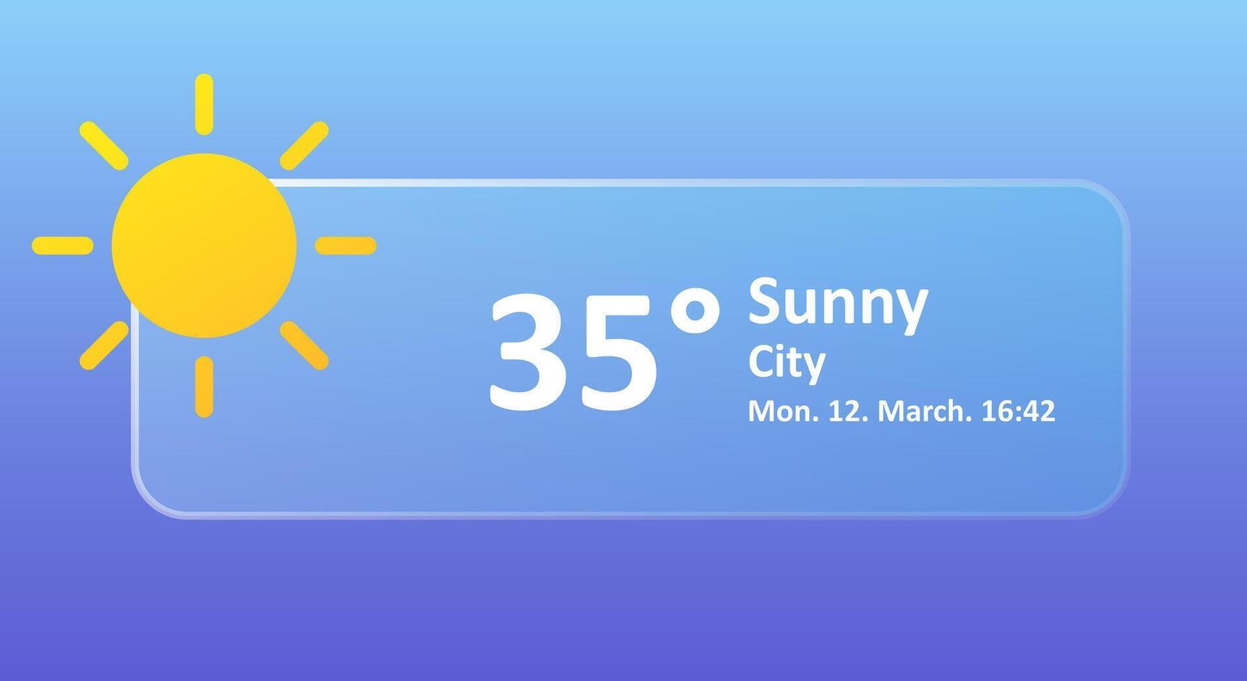 Sunny 35 Degrees Celsius weather forecast, date. Summer, hot, warm, air, heat, drought, precipitation, temperature, atmospheric pressure, Fahrenheit, conditions, high UV index, synoptic. Glassmorphism vector