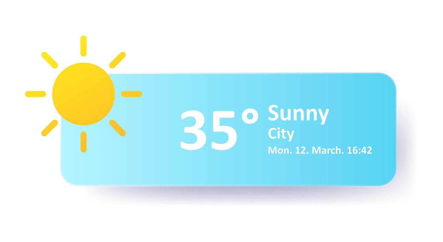 Sunny 35 Degrees Celsius weather forecast, date, location. Summer, hot, warm, air, heat, drought, precipitation, temperature, atmospheric pressure, Fahrenheit, conditions, high UV index, synoptic vector