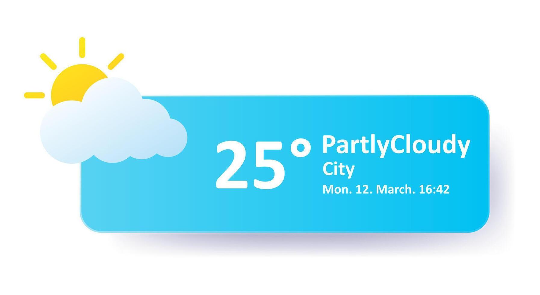Partly cloudy 25 Degrees Celsius weather forecast, city location, date. Windy, overcast, sun, speed, air, precipitation, temperature, atmospheric pressure, Fahrenheit, conditions, UV index, synoptic vector