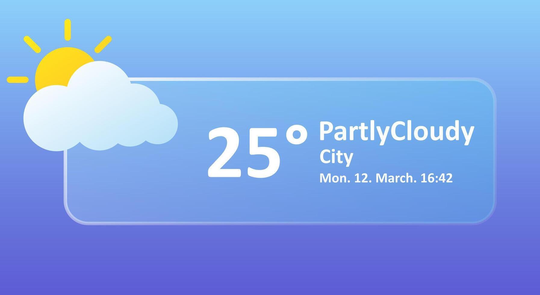 Partly cloudy 25 Degrees Celsius weather forecast, city, date. Windy, overcast, sun, speed, precipitation, temperature, atmospheric pressure, Fahrenheit, conditions, UV index, synoptic. Glassmorphism vector