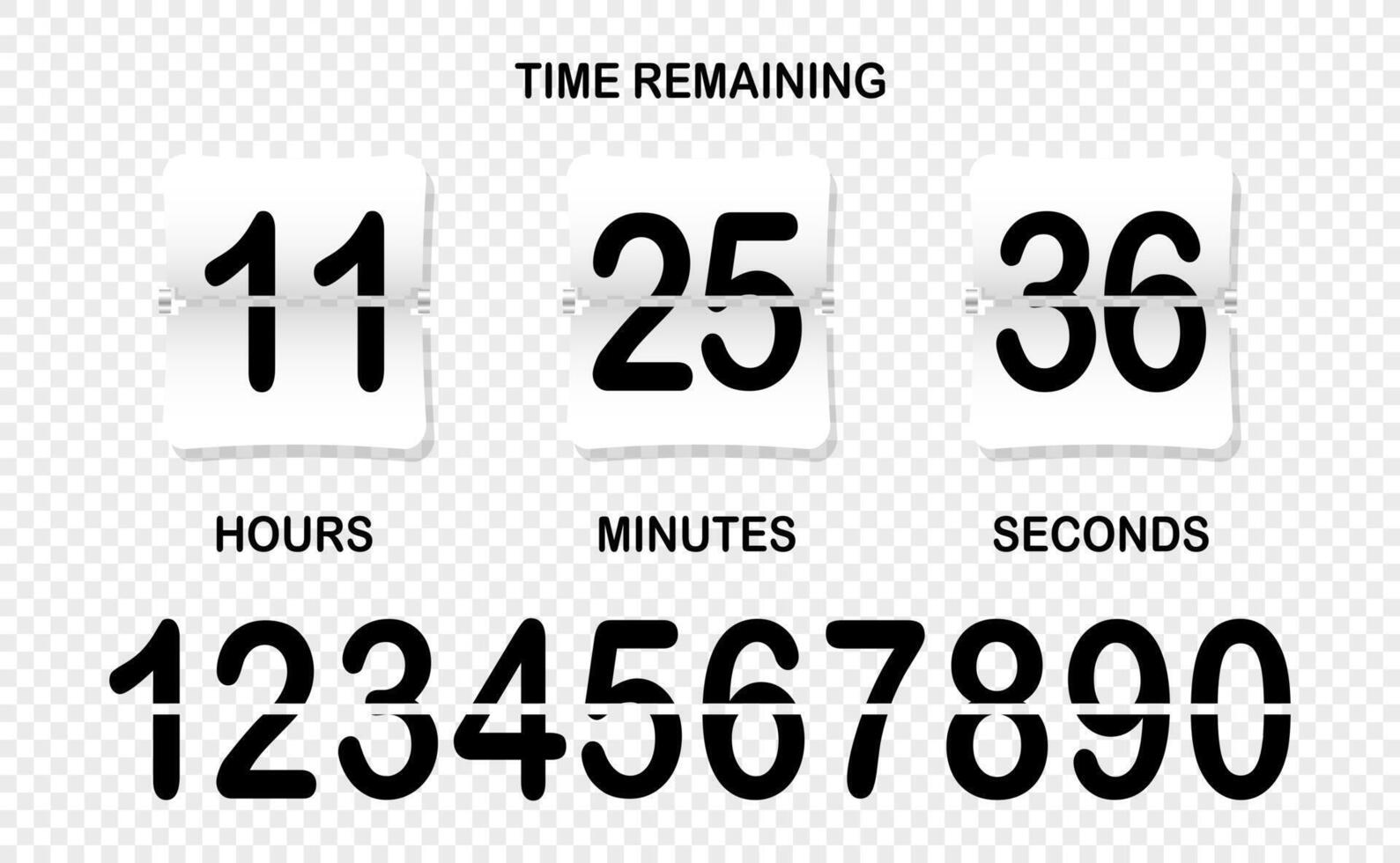 Countdown. Time remained, hours, minutes, seconds, numbers, flip, timer, limited offer, hurry up, sale, advertising, watch, business ad, marketing ploy, customer acquisition, limit, deadline, white vector
