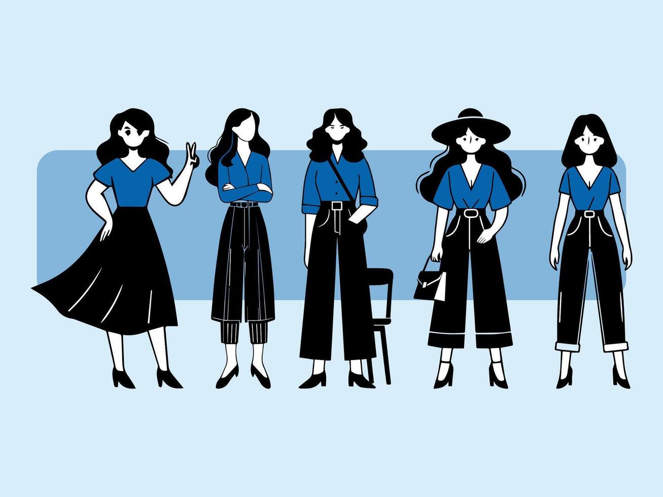 a group of women in black and blue clothing vector
