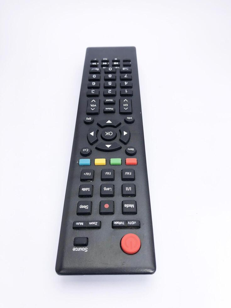 black tv remote colored buttons already used isolated on a white background, good for background, decoration, etc. photo