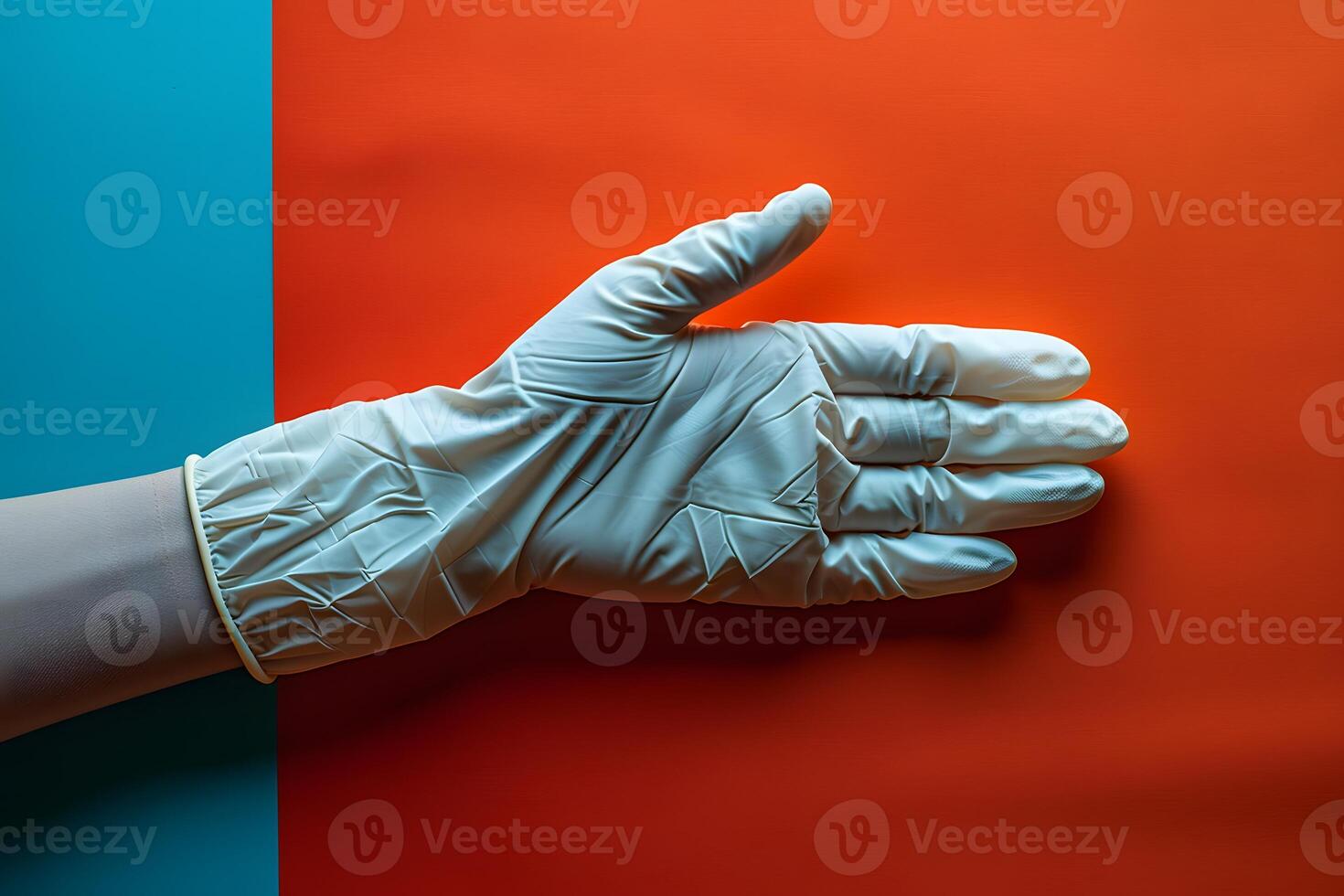 Protective Latex Glove, Hand Gesture on Vibrant Background Healthcare, Medical Safety, Poster Design photo
