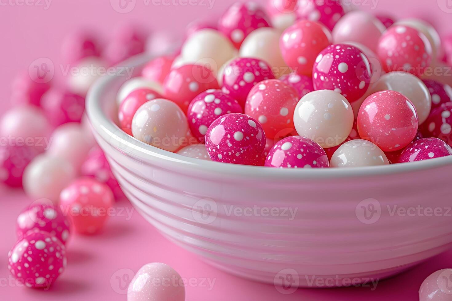 Colorful Candied Spheres in White Bowl - Pink and White Candy on Pink Background - Confectionery Decor for Parties photo