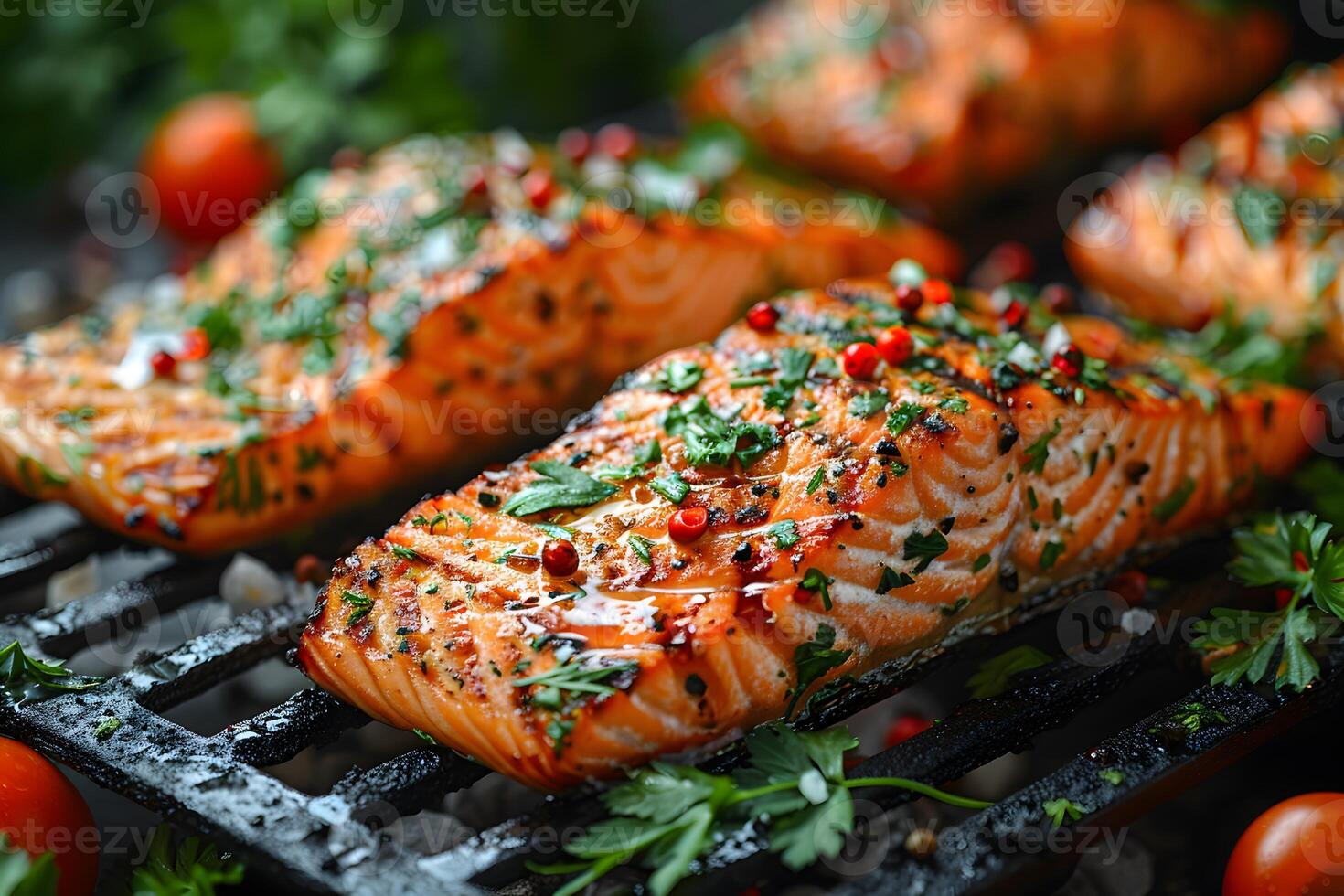 Grilled Salmon Fillets with Herbs and Spices - Healthy Gourmet Cooking Concept for Recipes, Menu Design, Poster photo