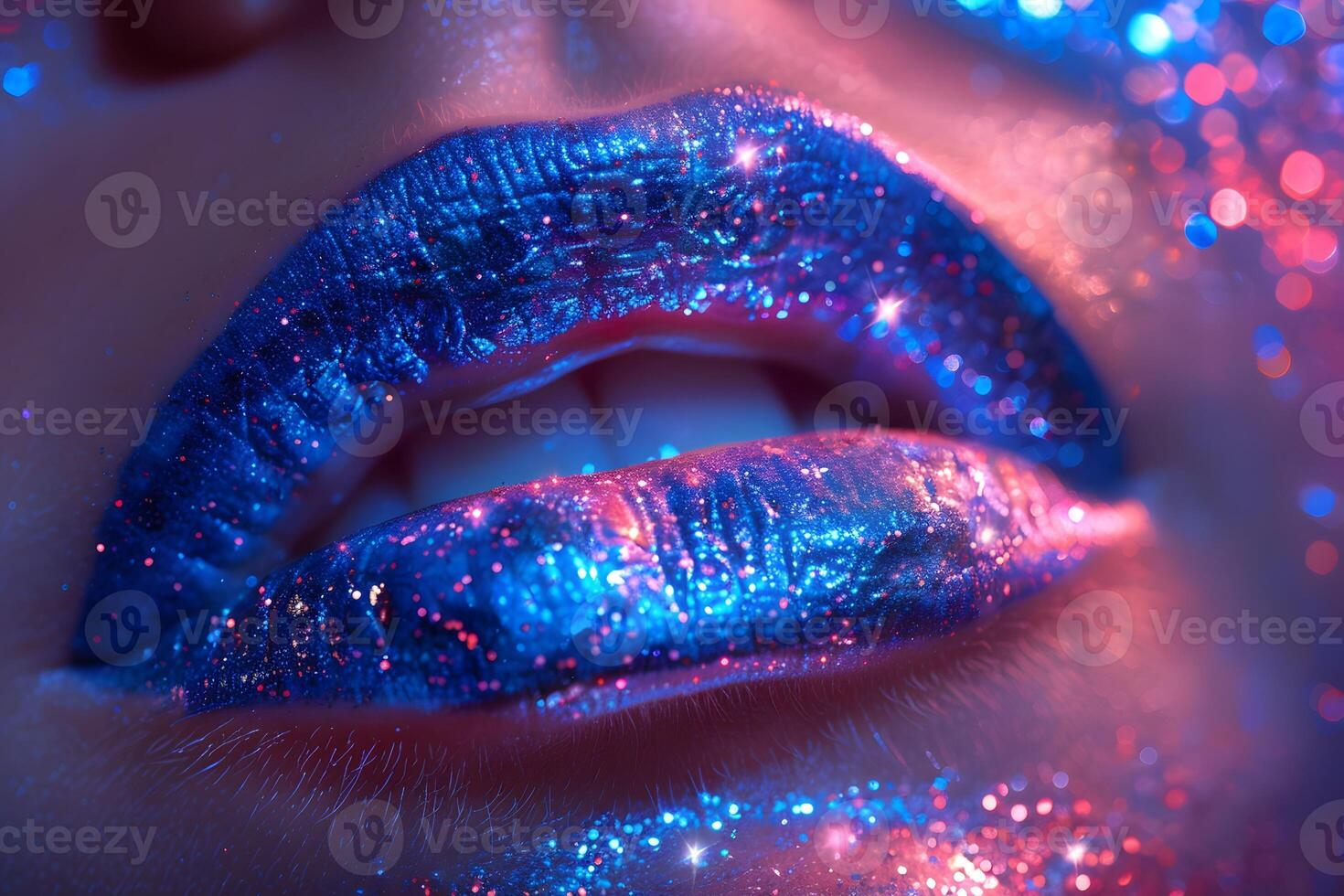 Close-Up of Lips with Vibrant Blue and Pink Glitter for Makeup and Beauty Themes photo