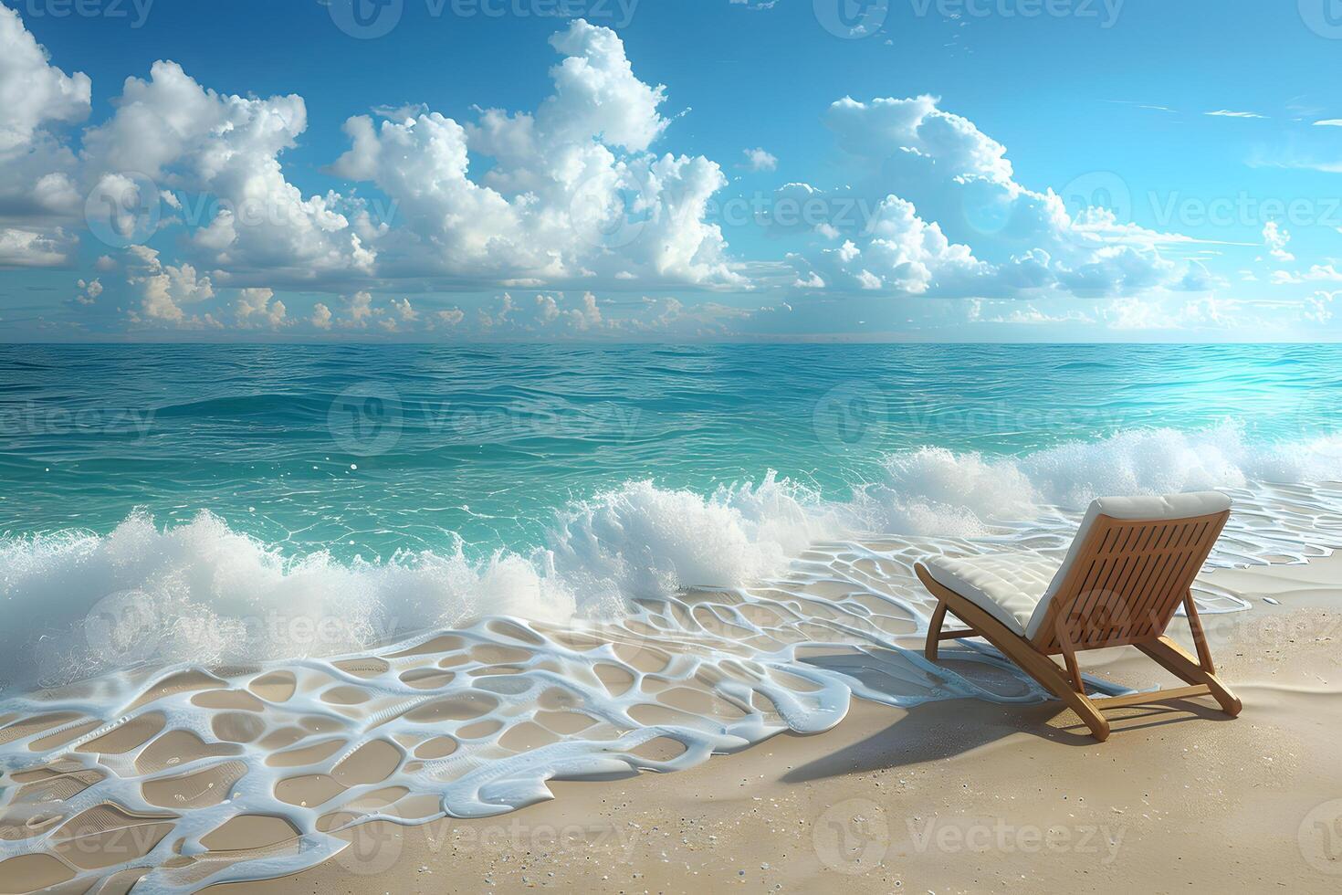 Tranquil Beach Scene with Wooden Chair and Waves Under a Cloudy Sky - Perfect for Summer Vacation Designs photo