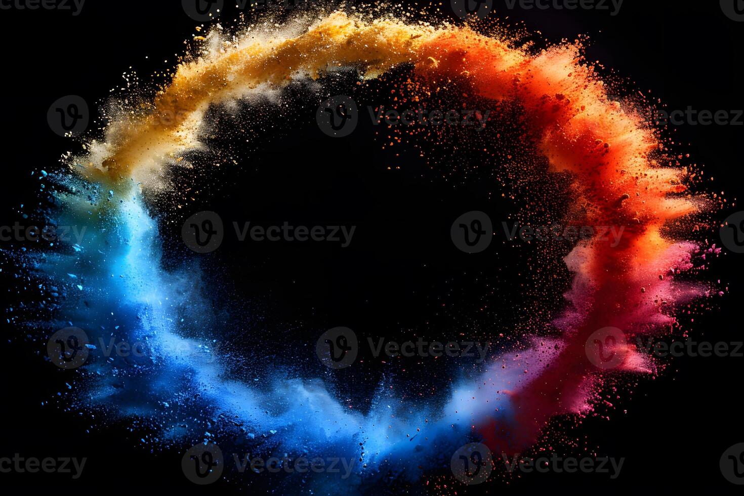 Colorful Circular Explosion of Powder on Black Background, Concept for Art, Creativity, and Festival Celebrations photo