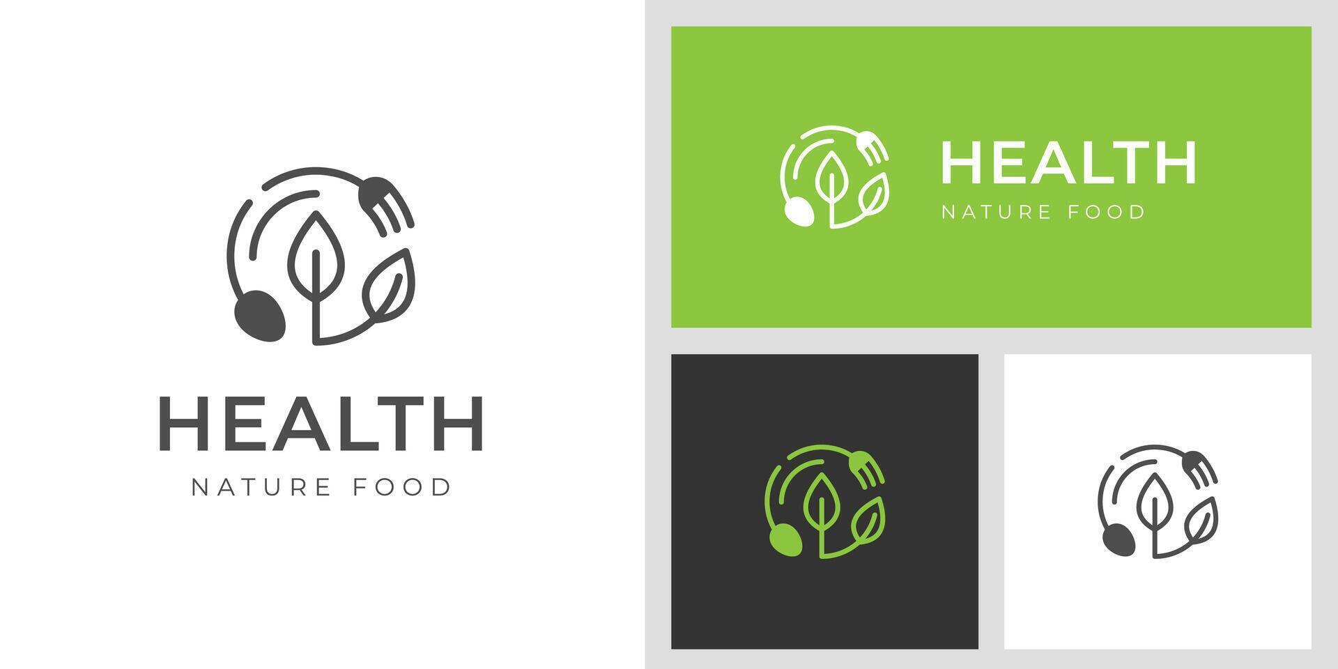 healthy food logo icon design line style for Organic food design with Fork, spoon and leaves graphic symbol vector
