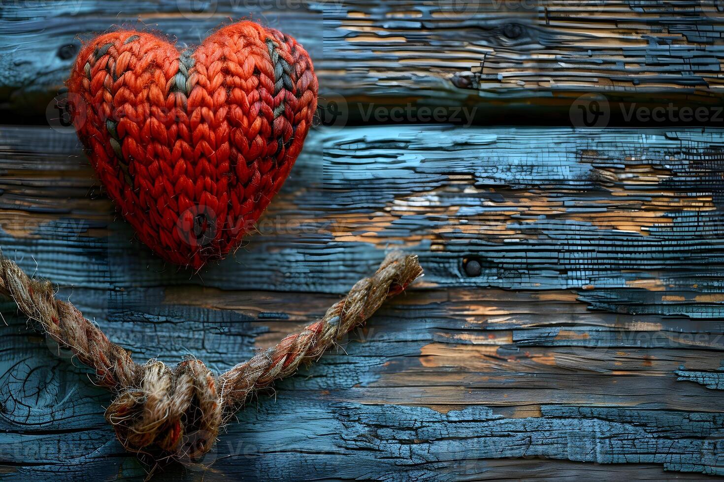 Handcrafted Woven Red Heart on Rustic Painted Wood - Valentine's Day Love Decor Design for Print, Card, Poster photo
