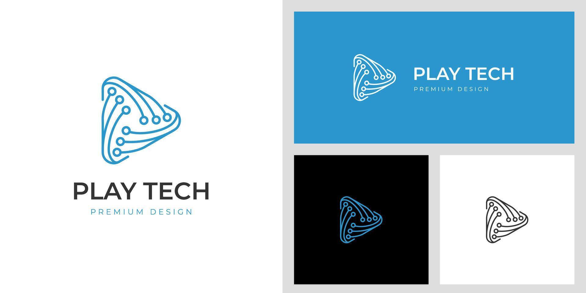 Play media tech logo icon design with triangle circuit line graphic idea for technology Ai music player logo vector
