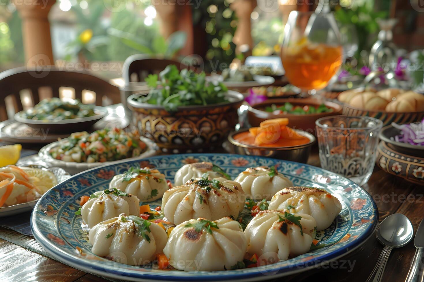 Gourmet Dumplings on Traditional Plate with Fresh Herbs and Side Dishes Perfect for Culinary Design and Food Magazines photo