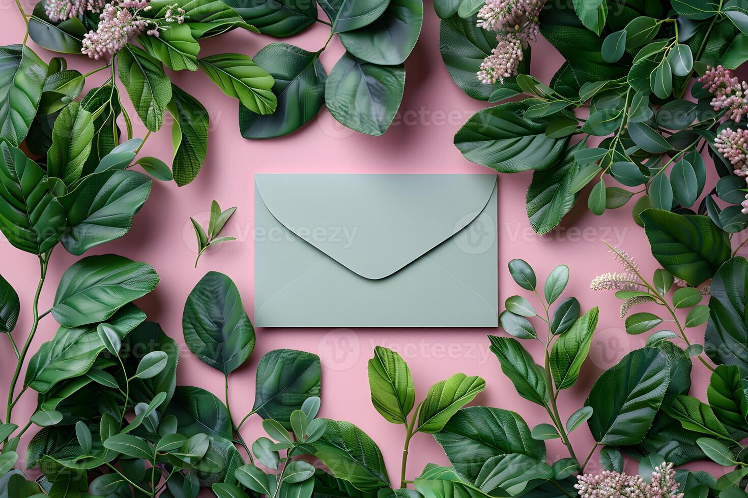 Floral Invitation Design with Green Envelope on Pink Background for Nature-Inspired Events and Celebrations photo
