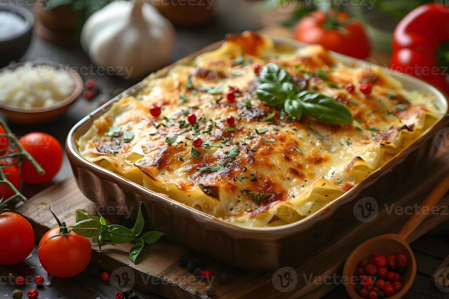 Delicious Homemade Lasagna in Ceramic Dish with Fresh Tomatoes, Basil, and Cheese - Perfect for Food and Recipe Designs photo