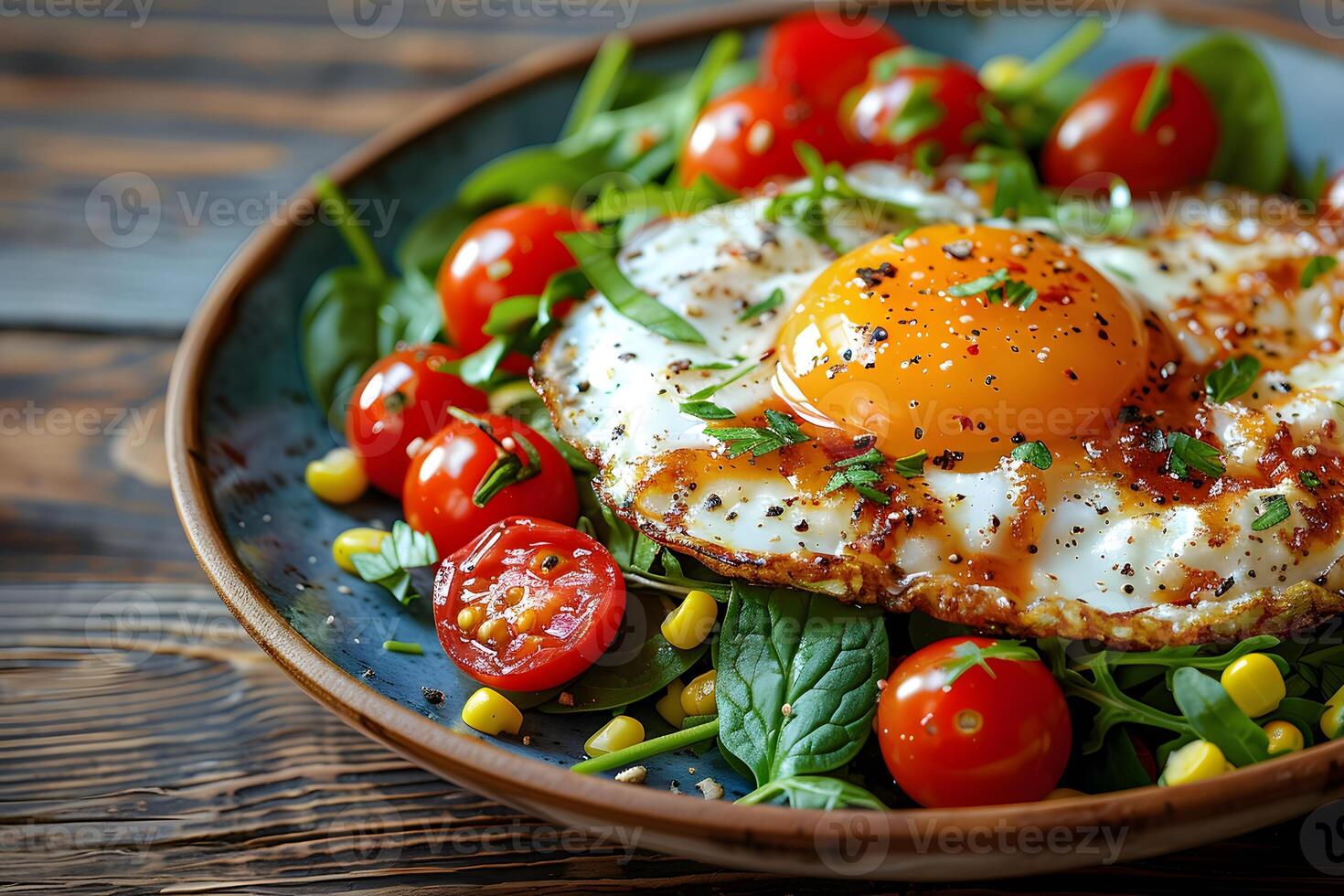 Healthy Breakfast Salad with Fried Egg, Cherry Tomatoes, Spinach, and Corn - Perfect for Summer Meals, Nutrition, and Diet Planning photo