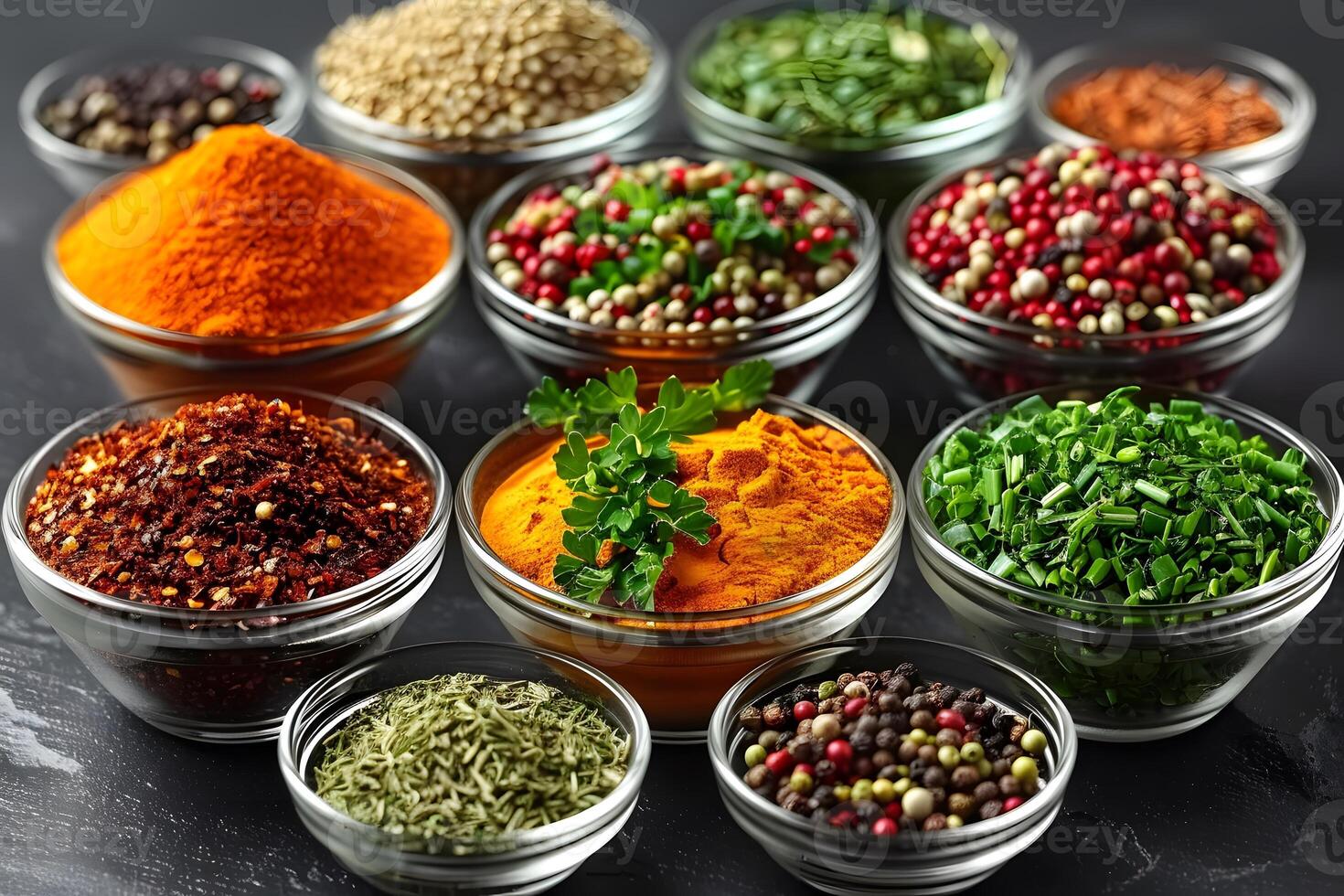 Variety of Colorful Spices and Herbs in Glass Bowls - Culinary Ingredients for Cooking and Seasoning photo