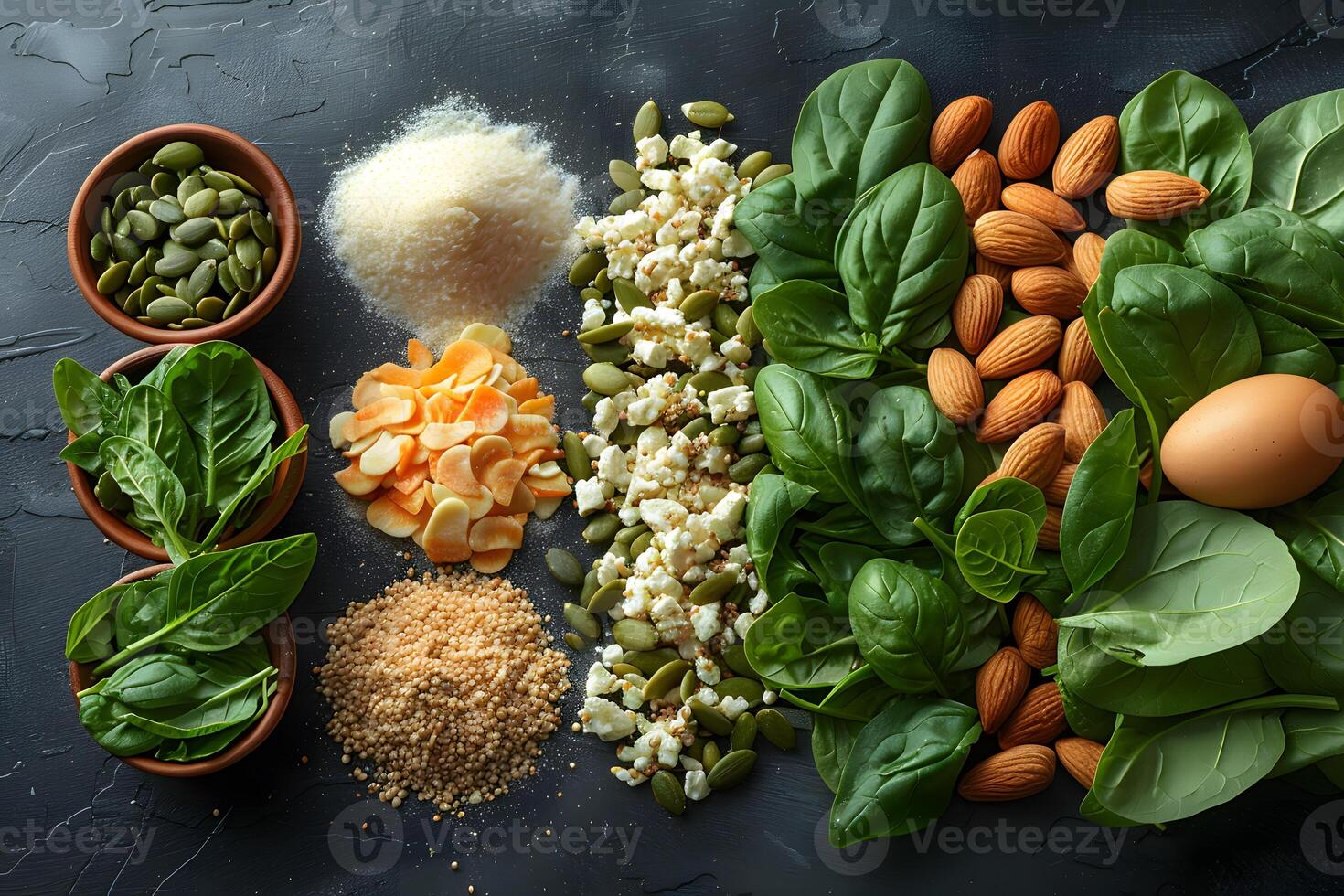 Fresh Ingredients for Healthy Recipes Spinach, Nuts, Eggs, and Seeds on Dark Background - Ideal for Cooking, Nutrition, and Food Design photo