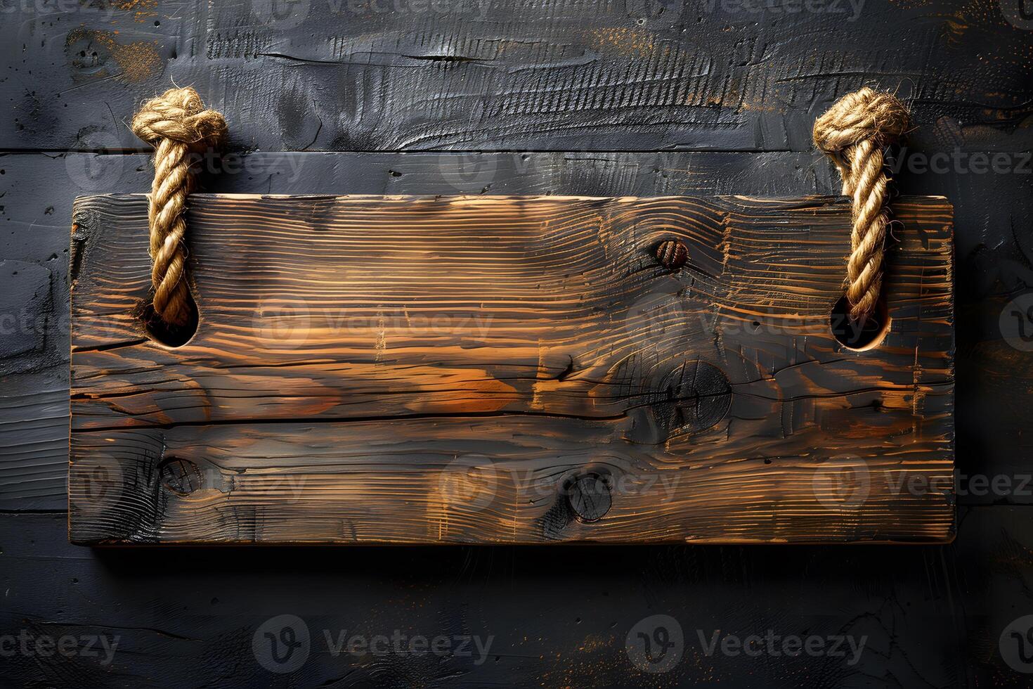 Rustic Wooden Board with Rope Loops Hanging on Dark Wooden Background Ideal for Signage Design, Posters, or Cards photo