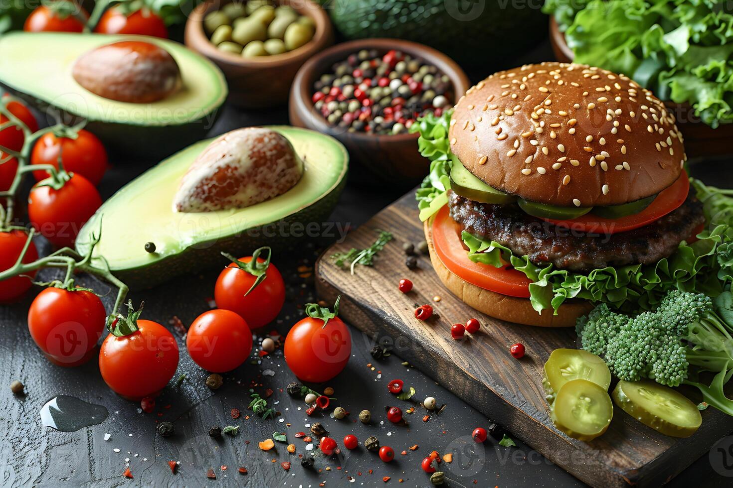 Fresh Gourmet Burger with Avocado, Veggies, and Seasonings on Rustic Wooden Board photo