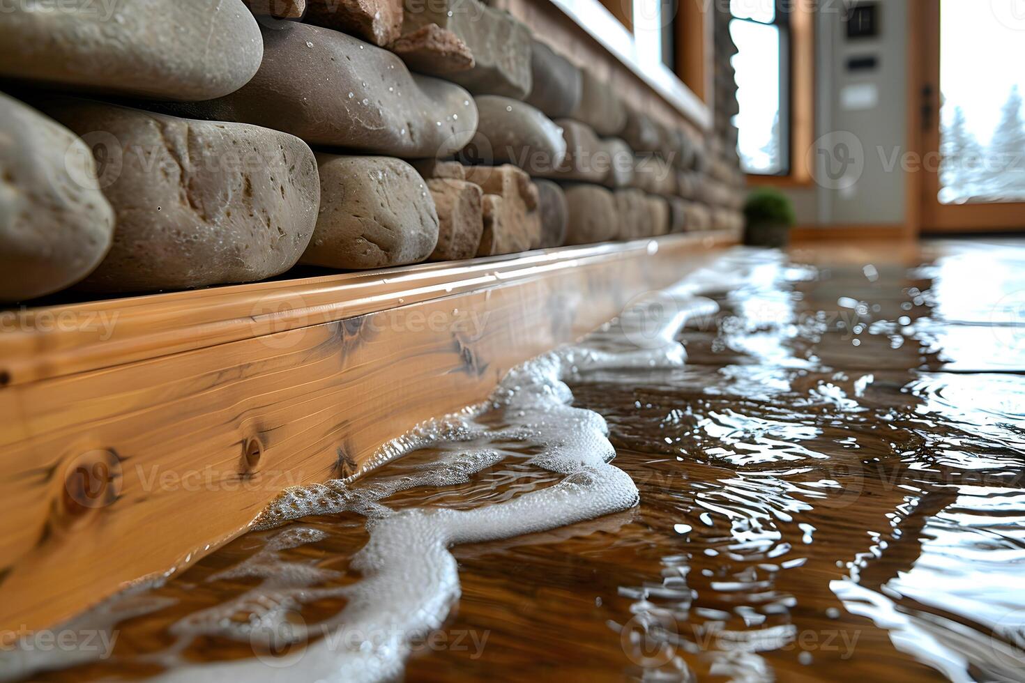 Flooded Indoor Space with Wooden Flooring and Stone Walls - Water Damage Concept for Home Safety Awareness photo