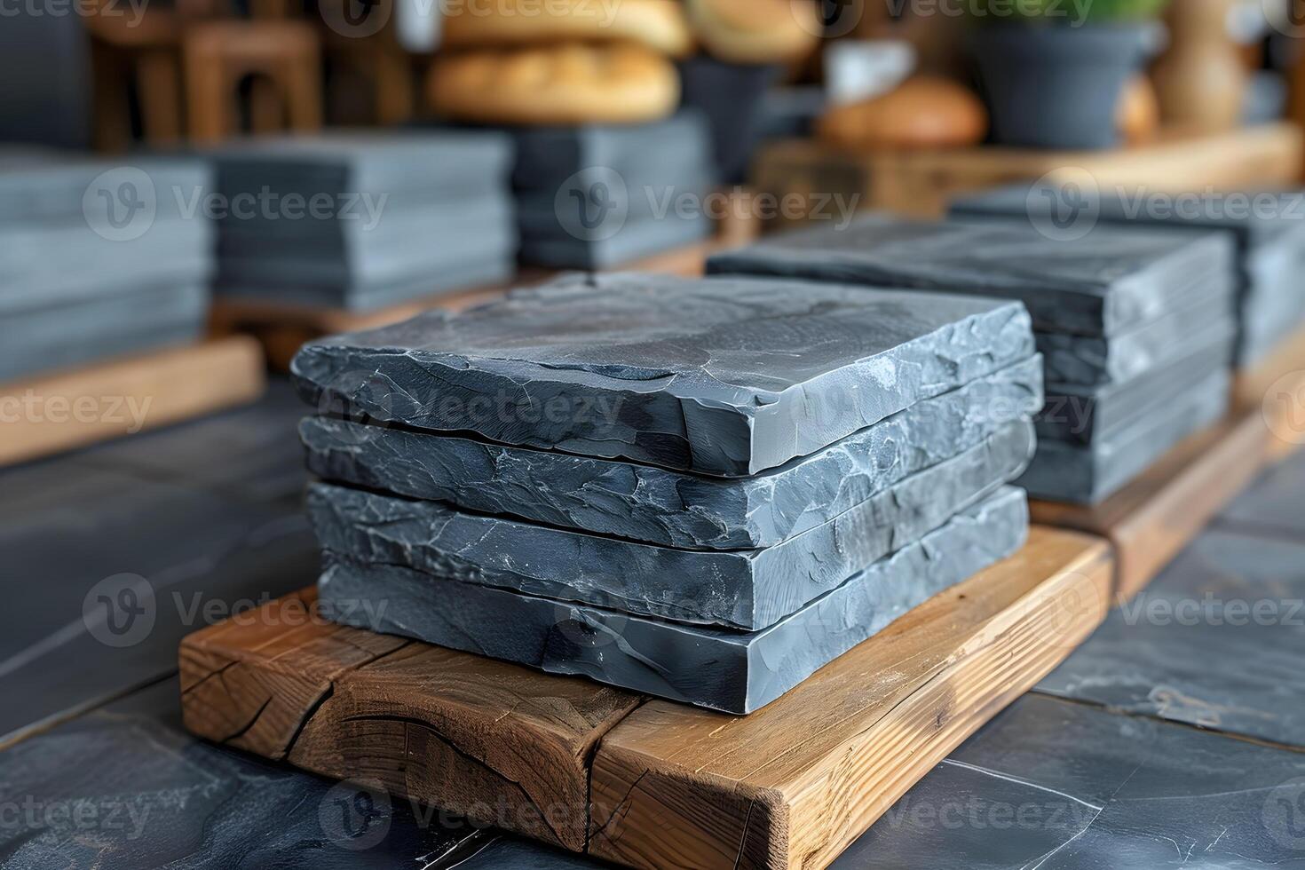 Rustic Slate Cheese Boards Stack on Wooden Rustic Table in Artisan Workshop - Ideal for Kitchen Decor or Food Photography photo