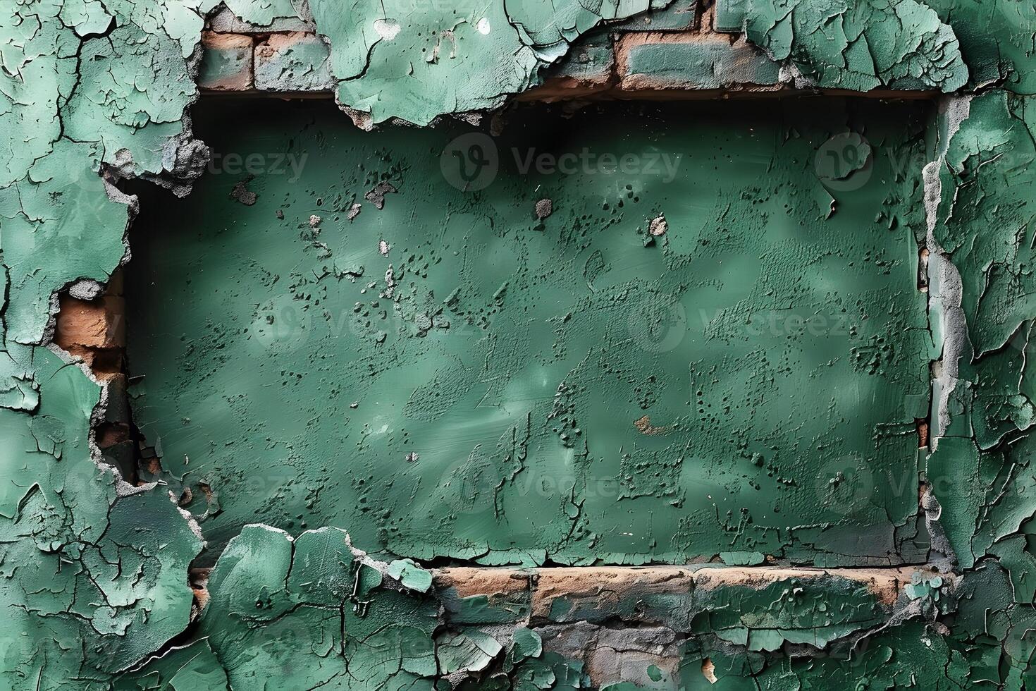 Weathered Green Paint Peeling on Old Brick Wall for Grunge Texture and Background Design photo