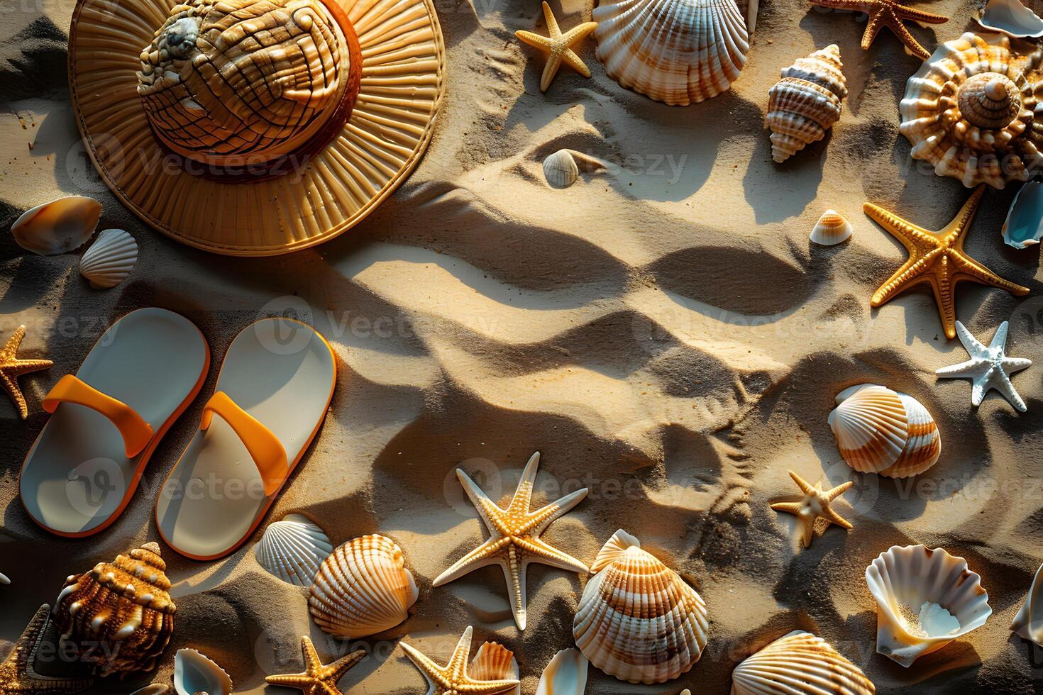 Summer Beach Essentials - Hat, Sandals, Shells, and Starfish - Coastal Holiday Design for Prints and Posters photo