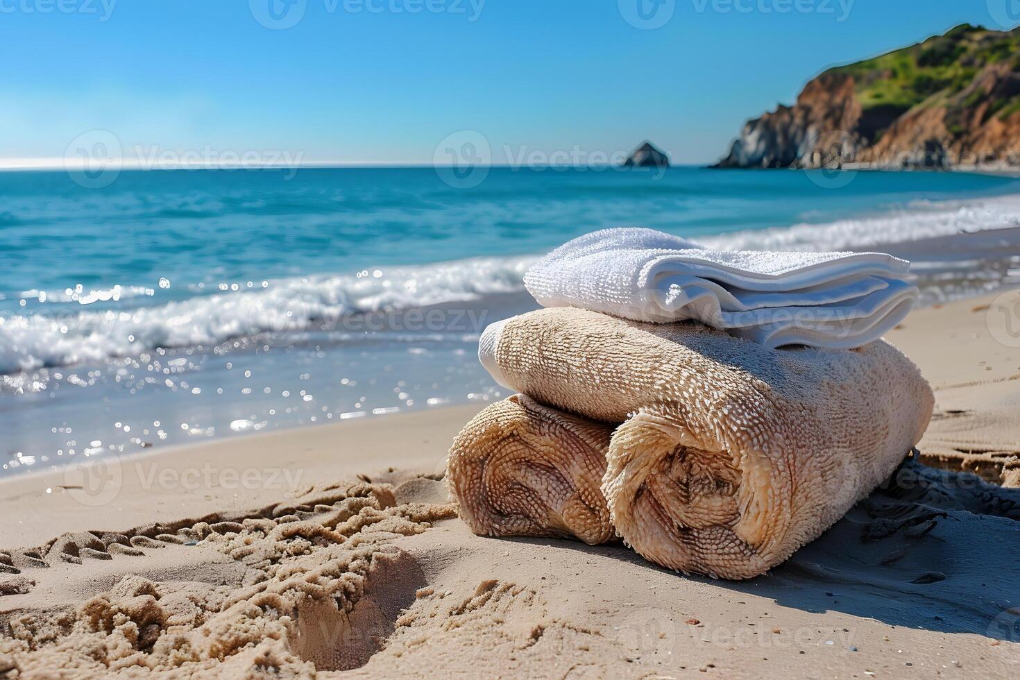 Beach Vacation Concept with Towels on Sandy Shore - Summer Coastal Relaxation photo