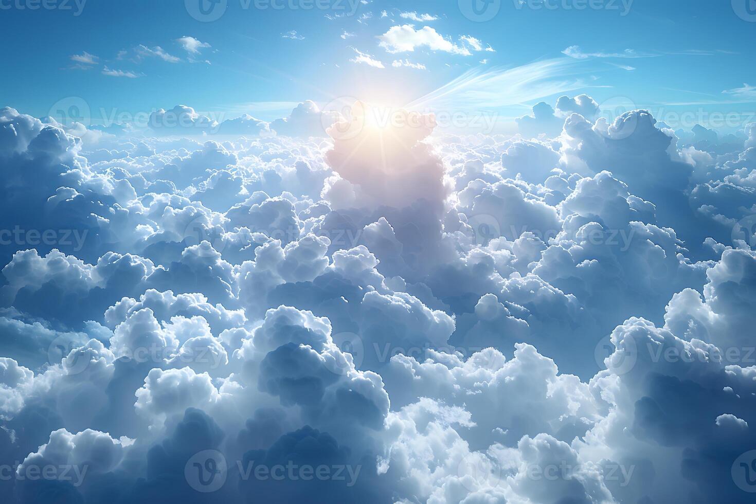 Serene Sky with Radiant Sunlight Above Fluffy White Clouds - Tranquil Nature Background for Designs photo